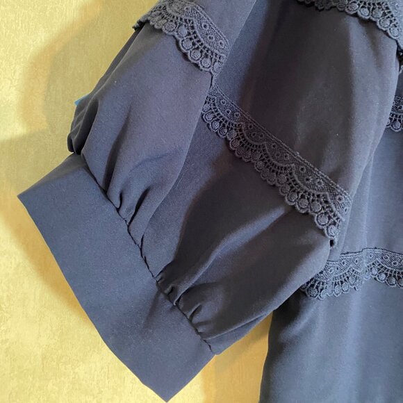 2- Womens 2X Navy Blue Layered Ruffle Chiffon Overlay Top & Lace Stripe Blouse - Picture 3 of 12